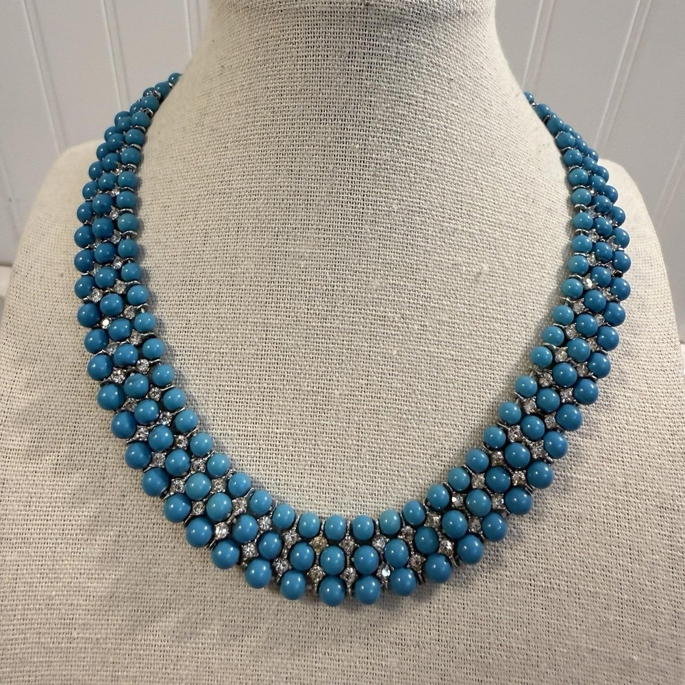 HIGH END Rhodium Plated 3 Row Faux Turquoise Bead Rhinestone Collar Necklace